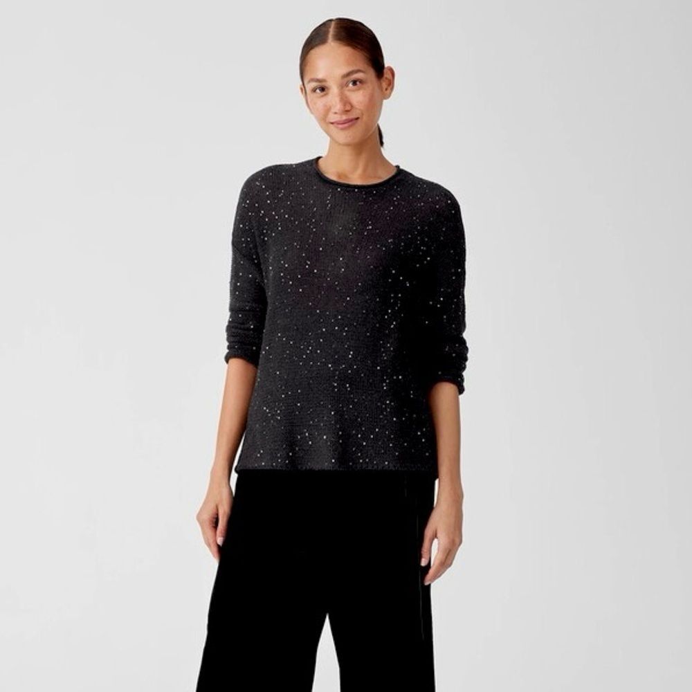 Eileen Fisher Cotton Knit Sequin Shimmer Black Scoop Neck Elegant Sweater